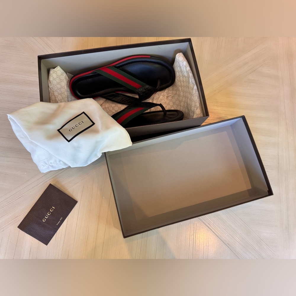 Gucci GG Microguccissima Web Leather Thong Sandals Men’s 9 Black Made in Italy - Picture 13 of 14